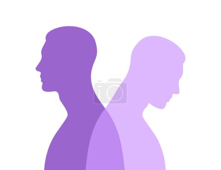 Ilustración de Silueta masculina púrpura de perfil con una proyección translúcida. Concepto de salud mental. Dualidad y emociones ocultas. Ilustración vectorial - Imagen libre de derechos