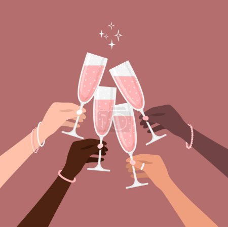 Ilustración de Las manos femeninas tintinean copas de champán rosa sobre un fondo rojo pálido. Ilustración vectorial en estilo plano - Imagen libre de derechos