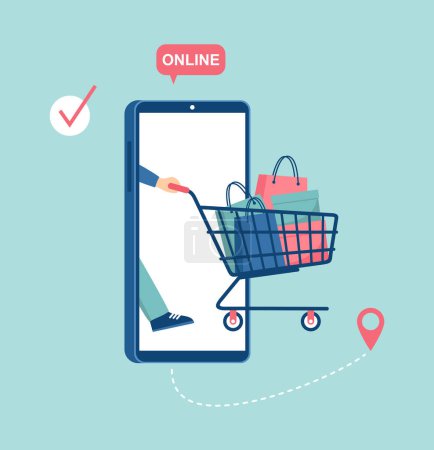 Man with supermarket cart full of shopping bags and boxes coming out of smartphone screen. Online shopping concept. Vector illustration in flat style