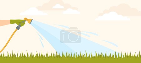 Une main dans un gant en caoutchouc arrosant la pelouse avec le tuyau d'arrosage. Illustration vectorielle plate