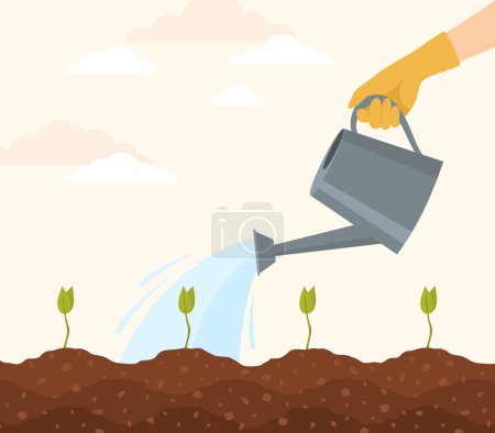 Illustration for A hand in a yellow rubber glove watering seedlings from a watering can. Flat vector illustration - Royalty Free Image