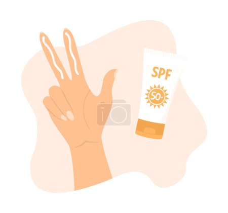Téléchargez les illustrations : Une main avec crème sur les doigts et un tube de crème solaire. Instructions pour l'utilisation de crème solaire pour le visage. Illustration vectorielle plate - en licence libre de droit