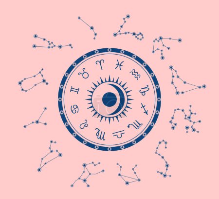 Zodiac circle with zodiac constellations around on pink background. Vector illustartion in flat style