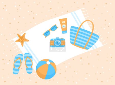 Beach items - towel, bag, flip flops, sunscreen, camera, sunglasses, ball and starfish on sand background, top view. Flat vector illustration