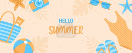 Ilustración de Banner de verano con elementos de playa marco sobre fondo de arena. Ilustración vectorial en estilo plano - Imagen libre de derechos