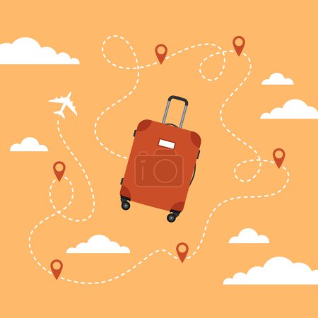 Luggage with dashed route line, address points and airplane on cloudy orange background. Flat vector illustration
