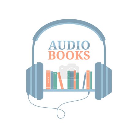 Ilustración de Headphones connected to a bookshelf isolated on a white background. Listening to audiobooks. Flat vector illustration - Imagen libre de derechos