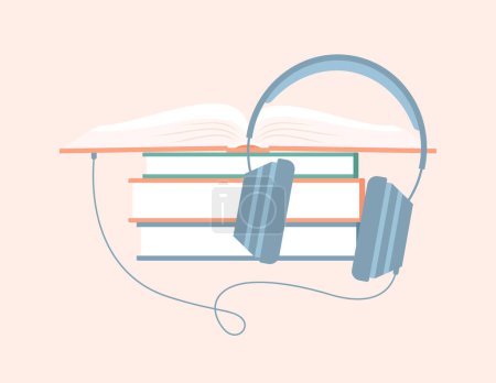 A stack of books and headphones connected to an open book. Listening to audiobooks. Flat vector illustration