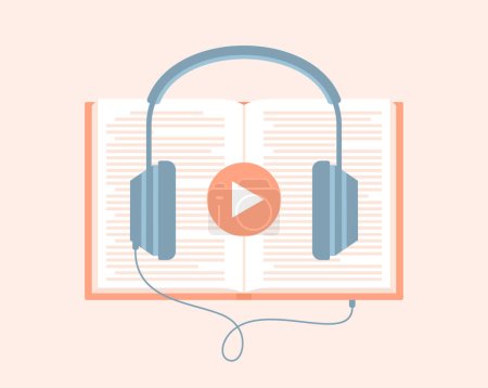 Headphones with play button connected to an open book. Listening to an audiobook. Flat vector illustration