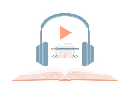 Headphones with a player above an open book isolated on a white background. Listening to an audiobook. Flat vector illustration