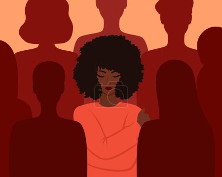 Téléchargez les illustrations : Une femme noire se serrant dans les silhouettes des gens. La solitude dans une foule. Illustration vectorielle en style plat - en licence libre de droit