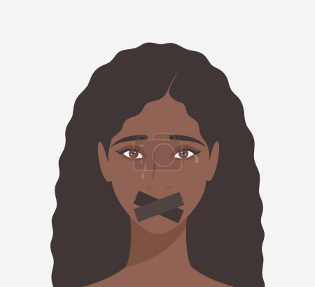 Illustration for Crying black woman with taped mouth. Flat vector illustration - Royalty Free Image