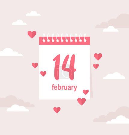 Calendario diario con fecha 14 de febrero y corazones voladores sobre fondo de nubes beige. San Valentín vector ilustración en estilo plano