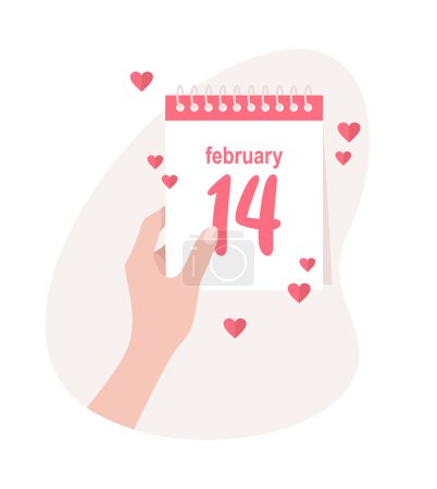 Hand holding daily calendar with date February 14. Valentine's day vector illustraton in flat style
