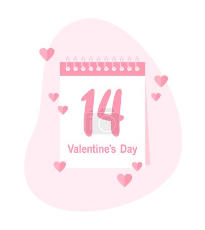 Calendario diario con número 14 y texto San Valentín en colores rosados sobre fondo blanco. Ilustración vectorial en estilo plano