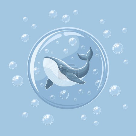Ilustración de Ballena azul gris en una esfera de vidrio con burbujas alrededor, ilustración plana vectorial - Imagen libre de derechos