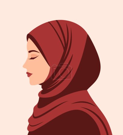 Illustration for Portrait of young beautiful muslim woman in hijab, side view. Flat vector illustration - Royalty Free Image