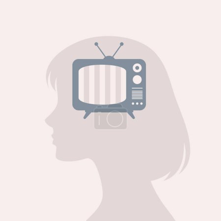 Illustration for Female silhouette with TV inside her head, flat vector illustration - Royalty Free Image