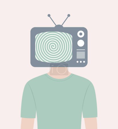 Un hombre con un televisor en lugar de una cabeza, una espiral hipnótica en la pantalla. Ilustración vectorial plana