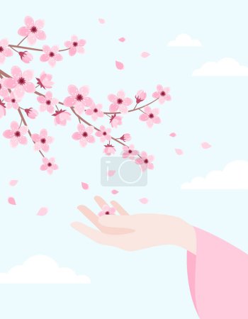 A female hand with a long sleeve, palm up, catching falling petals under a blossoming sakura branch. Flat vector illustration