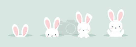 Set of cute Easter bunnies peeking out of burrows. Flat vector illustration