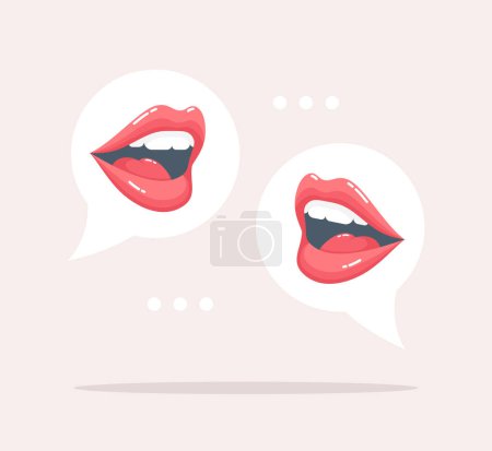 Hablando bocas femeninas en burbujas del habla sobre un fondo beige. Ilustración vectorial plana