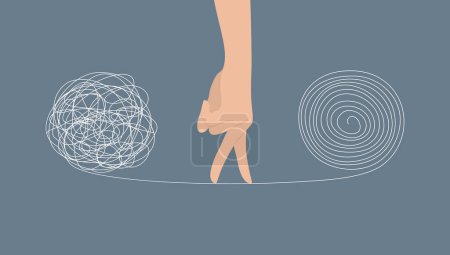 Hand imitating walking with fingers on thread between tangled and untangled balls. Problem solving process. Flat vector illustration