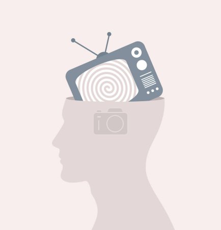 Illustration for A male silhouette with a TV in his head, a hypnotic spiral on the TV screen. Flat vector illustration - Royalty Free Image