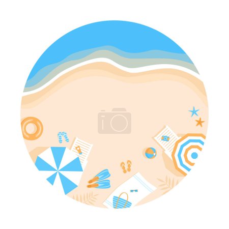 Clipart d'été rond. Côtes et plage avec parasols, chaises longues et articles d'été, vue sur le dessus. Illustration vectorielle plate