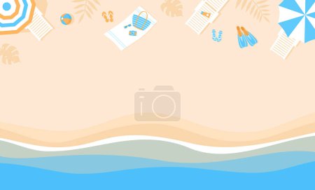 Côtes et plage avec parasols, chaises longues et articles d'été, vue sur le dessus. Illustration vectorielle plate avec espace de copie