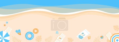 Bannière d'été. Côtes et plage avec parasols, chaises longues et articles d'été, vue sur le dessus. Illustration vectorielle plate