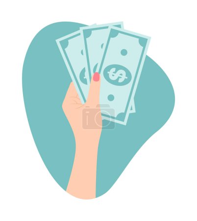 Female hand holding paper dollar bills. Vector clipart in flat style