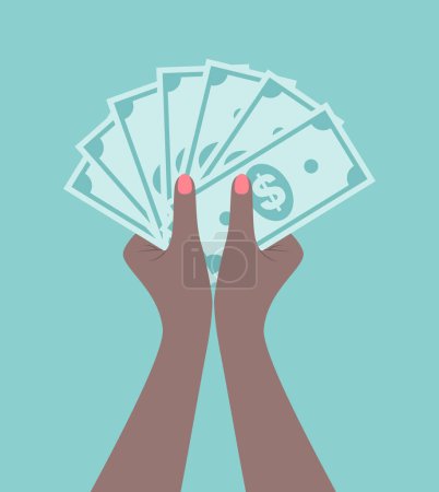 Les mains d'une femme noire tenant une pile de billets en dollars. Illustration vectorielle plate