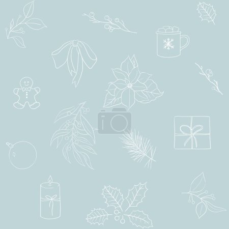 Photo for Christmas seamless pattern with candle, bauble, bowl, holly berry, leaves and twigs, present and more, white outlines on light blue. Illustration for holiday greeting cards, winter wedding - Royalty Free Image
