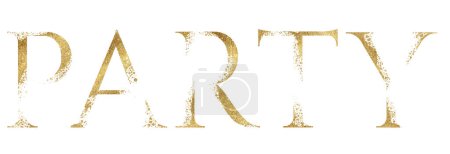 Photo for Golden glitter word PARTY with dispersion effect isolated illustration., festive design element. Sparkling alphabet symbol for wedding cards, holiday stationery, crafting - Royalty Free Image