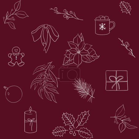 Photo for Christmas seamless pattern with candle, bauble, bowl, holly berry, leaves and twigs, present and more, white outlines on dark red.. Illustration for holiday greeting cards, winter wedding - Royalty Free Image