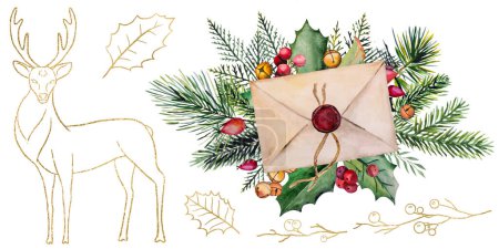 Photo for Christmas Watercolor illustration with sealed envelope, fir tree branches, berries and bells isolated on white with single golden elements as leaves and reindeer. Elements for holiday greeting cards - Royalty Free Image