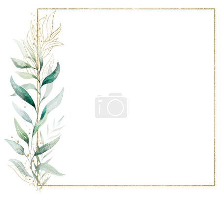 Photo for Square golden frame with of green watercolor leaves bouquet, isolated illustration, copy space. Botanical horizontal element for romantic wedding stationery, greetings cards, printing and crafting - Royalty Free Image