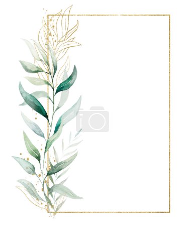 Rectangular golden frame with of green watercolor leaves bouquet, isolated illustration, copy space. Botanical vertical element for romantic wedding stationery, greetings cards, printing and crafting