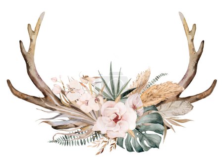 Photo for Watercolor deer antlers with with Bohemian Watercolor beige and teal green bouquet isolated illustration. Tropical leaves and flowers Boho or ethnic arrangement for wedding stationery - Royalty Free Image