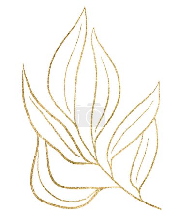 Téléchargez les photos : Golden outlines botanical sparkling leaves illustration isolated,. Single Elements for summer wedding design, greeting cards and crafting - en image libre de droit