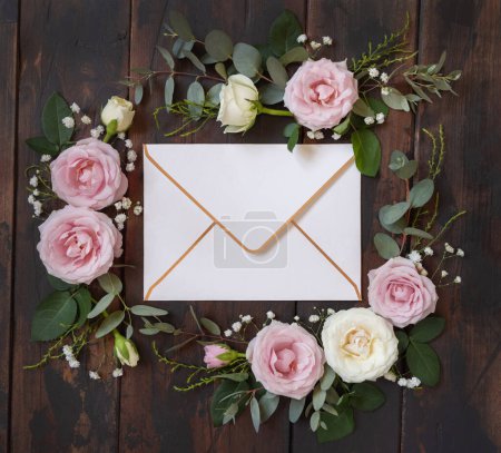 Téléchargez les photos : Envelope between pink and cream roses on brown wood top view,  wedding mockup. Romantic scene with envelope and pastel flowers flat lay. Valentines, Spring or Mothers day concept - en image libre de droit