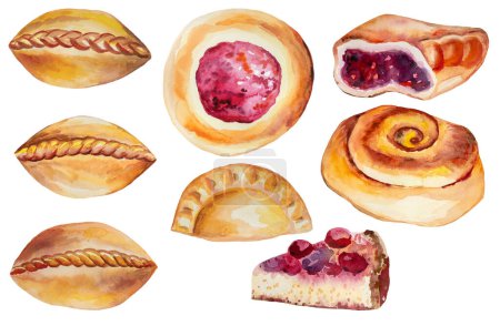 Photo for Russian or ukrainian jam Pies, strawberry or cherry cheesecake, isolated watercolor illustration, baked goods.  Hand drawn tasty food Element for design, greeting cards and crafting - Royalty Free Image