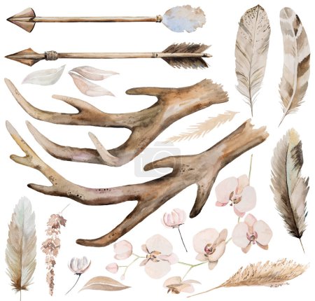 Téléchargez les photos : Watercolor deer antlers, arrows, feathers, tropical leaves and flowers isolated illustrations. Boho, woodland or ethnic leaves and flowers  elements for wedding stationery - en image libre de droit