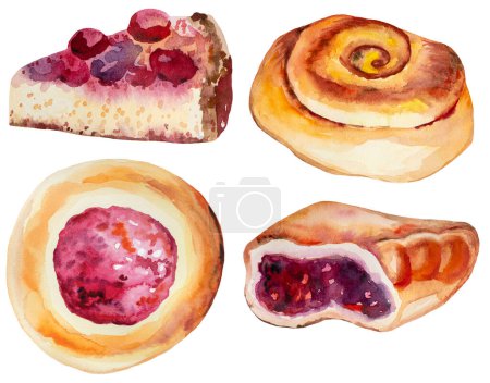 Photo for Russian or ukrainian jam Pies, strawberry or cherry cheesecake, isolated watercolor illustration, baked goods.  Hand drawn tasty food Element for design, greeting cards and crafting - Royalty Free Image