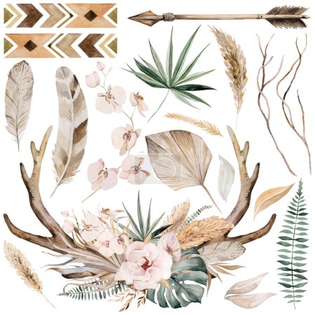 Foto de Watercolor deer antlers with Bohemian Watercolor bouquet isolated illustration with single elements. Beige tropical leaves and flowers Boho or ethnic arrangement for wedding stationery - Imagen libre de derechos