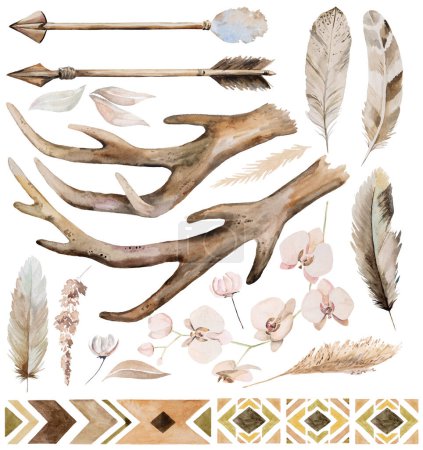 Téléchargez les photos : Watercolor deer antlers, arrows, feathers, tropical leaves and flowers isolated illustrations. Boho, woodland or ethnic leaves and flowers  elements for wedding stationery - en image libre de droit