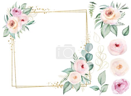 Téléchargez les photos : Square frame frame made of light pink watercolor flowers and light green leaves illustration, isolated. Pastel floral elements for romantic wedding stationery and greetings cards - en image libre de droit