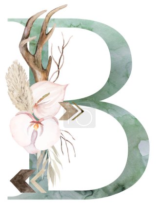 Téléchargez les photos : Watercolor green letter B with brown antlers, Beige tropical flowers and feathers, dried palm leaves and pampas grass, bohemian alphabet isolated illustration. Element for boho and ethnic wedding stationery - en image libre de droit