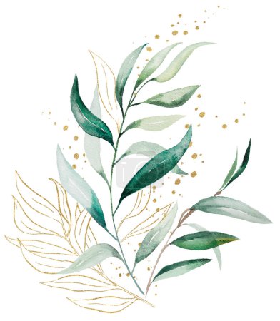 Photo for Bouquet made of green and golden watercolor eucalyptus  leaves, isolated illustration. Botanical vertical element for romantic wedding stationery, greetings cards, printing and crafting - Royalty Free Image